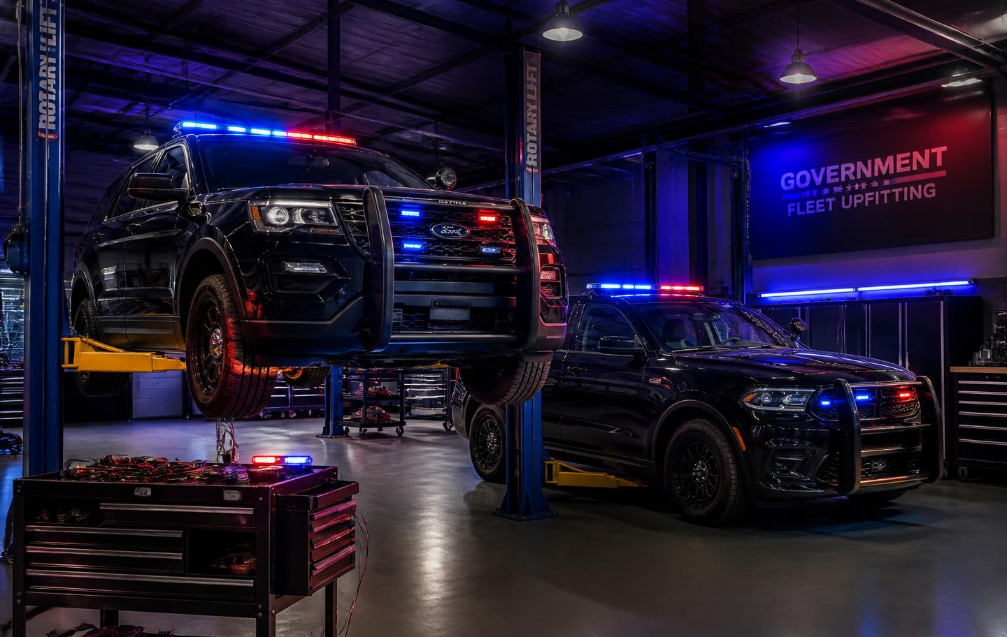 Fleet upfitting workshop with police SUVs and emergency lighting